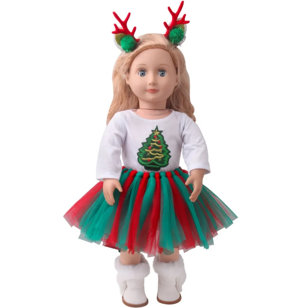 

Christmas Suit American Clothes Two Elk Hairpins Dress Set Clothes Christmas Colorful Long Sleeved Dresses 18 Inch Girl