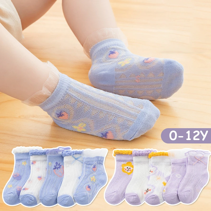 

5 Pairs/Lot Children Girls Socks Summer Breathable Baby Boys Short Socks Kids Soft Cotton Princess Girls Lace Mesh Socks 0-12Y