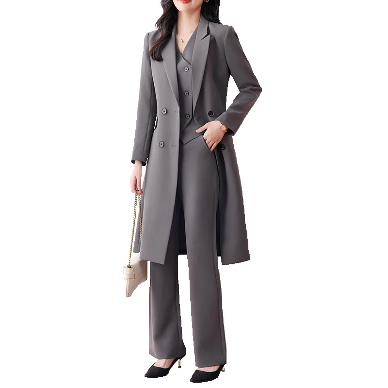 

High Quality Fabric Autumn Winter Formal Women Business Suits OL Styles Office Work Wear Ladies Blazers With Long Windbreaker