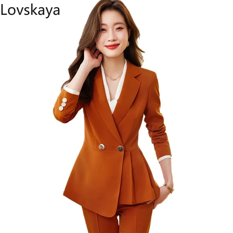 

Ruffle Blazer Jacket and Trouser Female Work Wear Formal 2 Piece Set Elegant Women Pant Suit Black Blue Orange Coffee