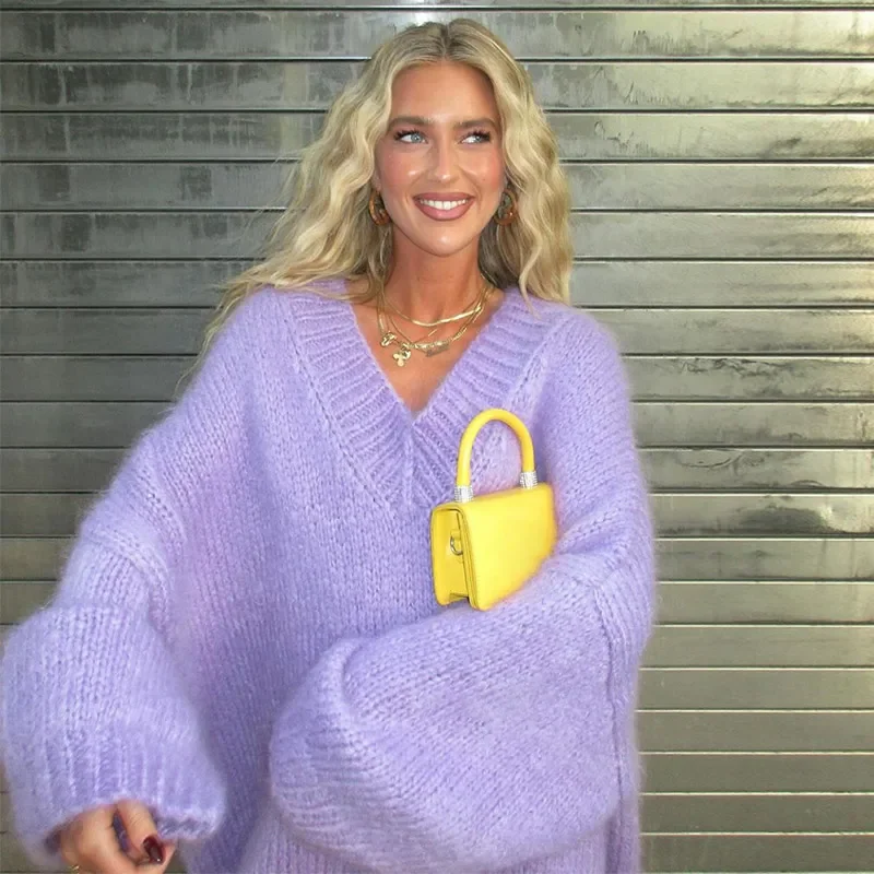 2024 Autumn Winter Sweater V Neck Long Sleeve Casual Sweater Coat Oversize Knitted Female Outwears High Street Women\'s Clothes