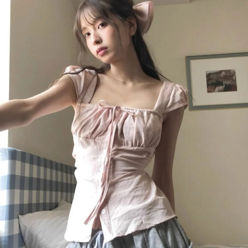 Deeptown Korean Style Sweet T-shirts Women Shoujo Girl Aesthetic Pink Elegant Tees Kawaii Bow Coquette Fashion Slim Up T-Shirts