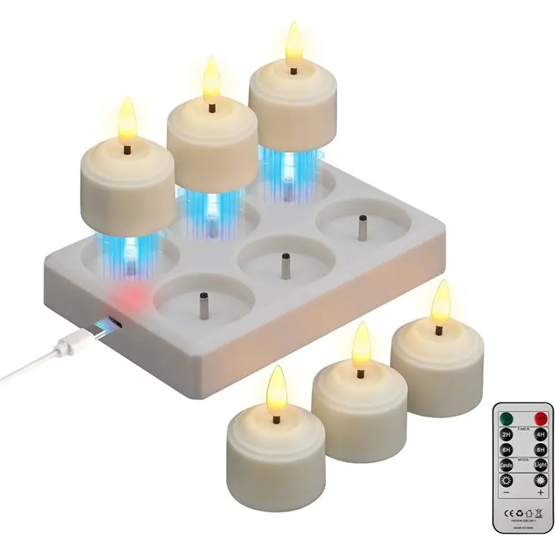 6Rechargeable LED Tea Lights With Timer And Charging Station, Flickering Candles For Room, Wedding Table,Party