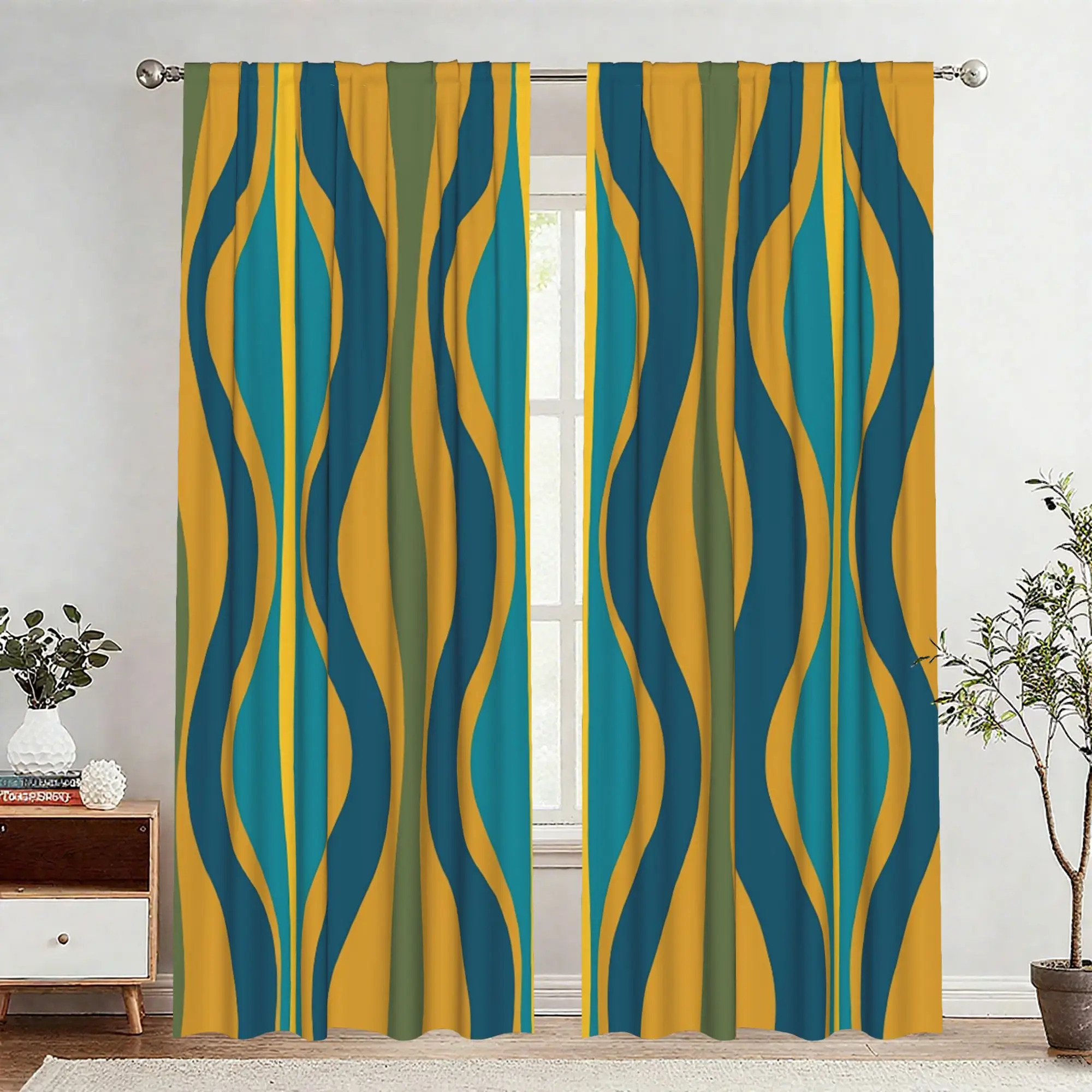 Modern Abstract Wavy Curtain Pair Yellow Blue Decorative Window Panel Curtains Set 2pcs for Living Room Home Decor
