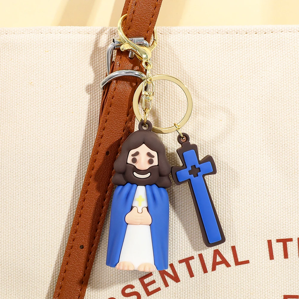 سلسلة مفاتيح على شكل شخصية يسوع PVC مع صليب، سلسلة مفاتيح هدية مسيحية بتصميم صليب ثلاثي الأبعاد، حلقة مفاتيح لمرآة السيارة هدية دراسة الكتاب المقدس #2