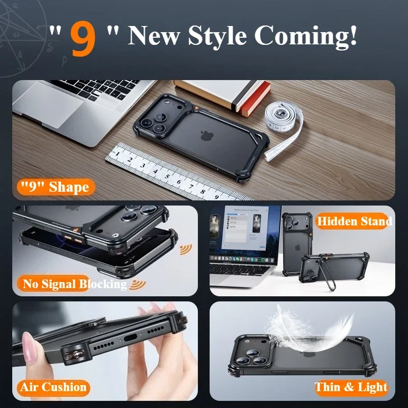 Eary 9-förmige Metall-Schutzhülle für iPhone 18 17 Pro Max mit MagSafe-Wireless-Charging, Objektivhalterung und Ständer, rahmenlos – Detail 9