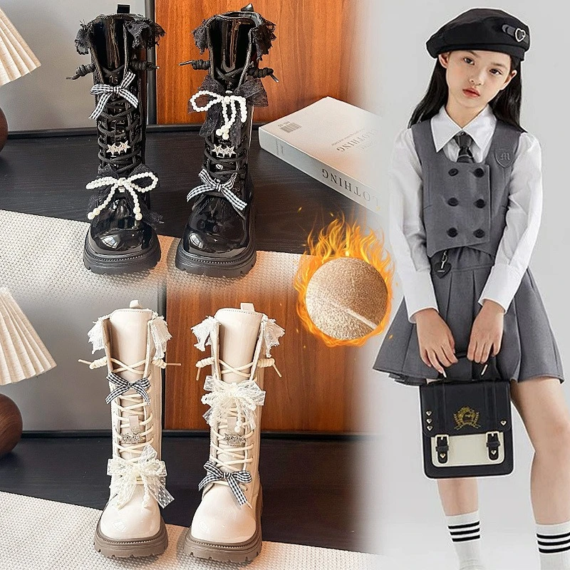 

Сапоги до середины икры для девочек с милым кружевом, детские сапоги принцессы, теплые замшевые сапоги, осень-зима 202, детские кожаные сапоги, универсальные элегантные