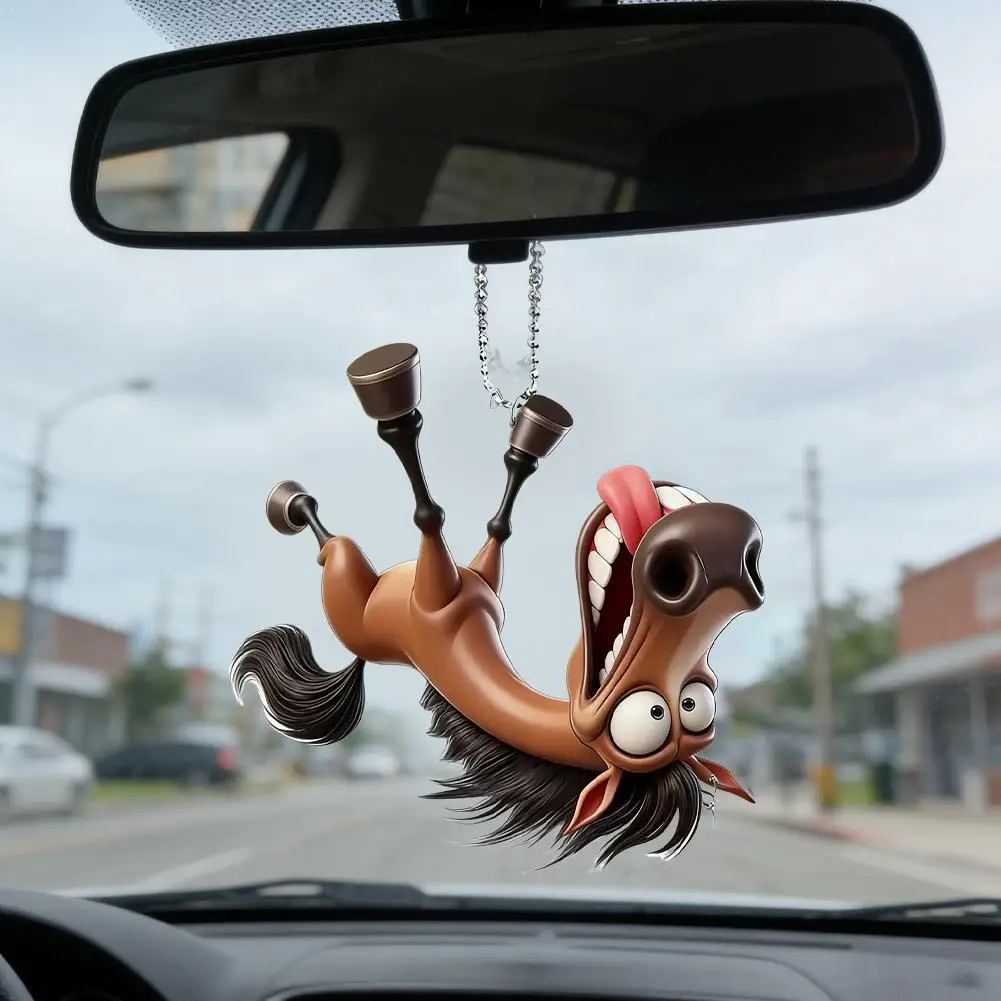 NEW Big Mouth Horse Keychain 2D RearView Mirror Acrylic Pendant Car Interior Decoration Toys Cartoon Animal Hanging Ornament