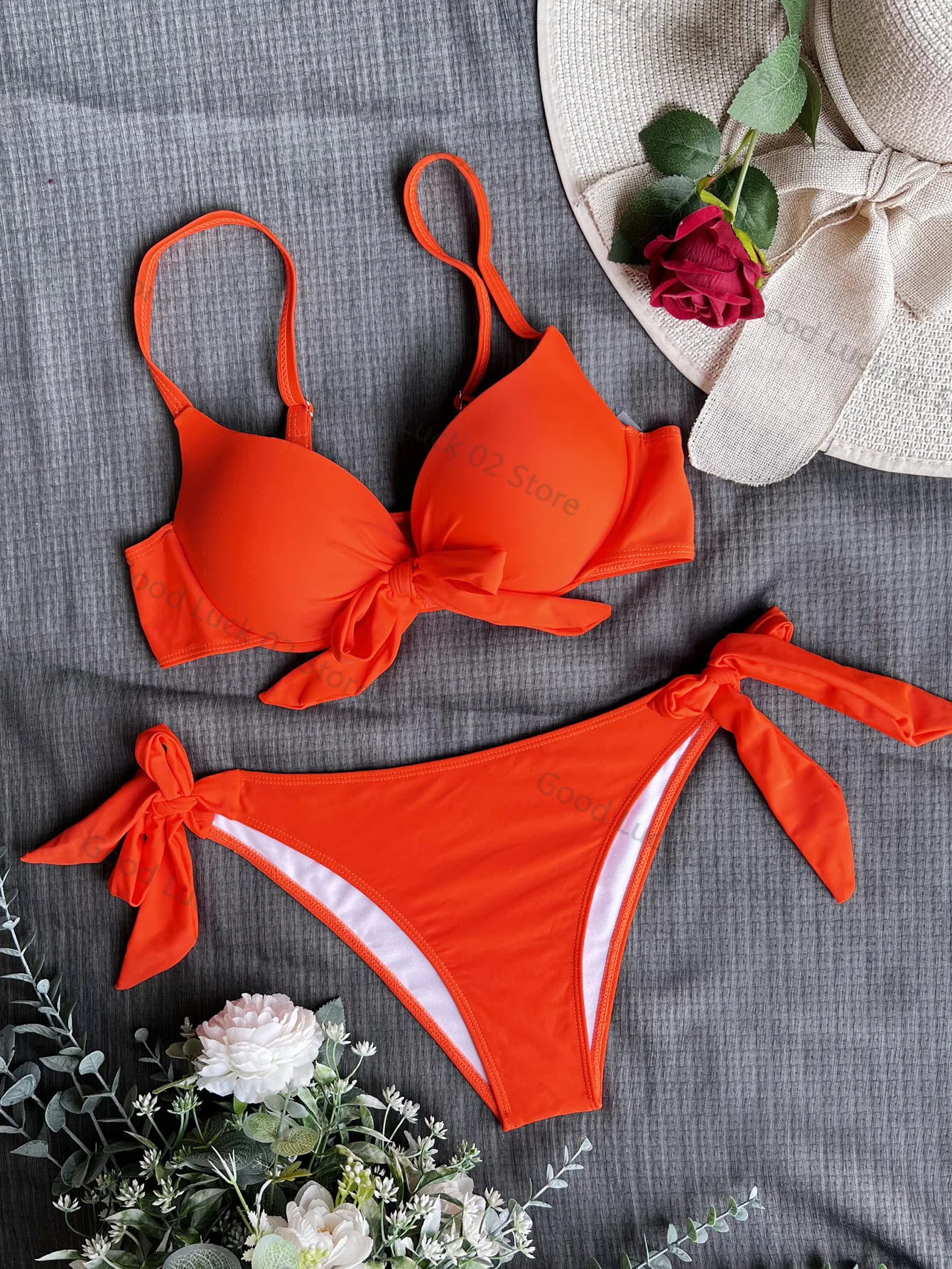 Seksowne bikini push-up z kokardką z przodu, dwuczęściowy, jednolity strój kąpielowy, bikini wiązane, kostium kąpielowy, biquini, zestaw bikini, tankini