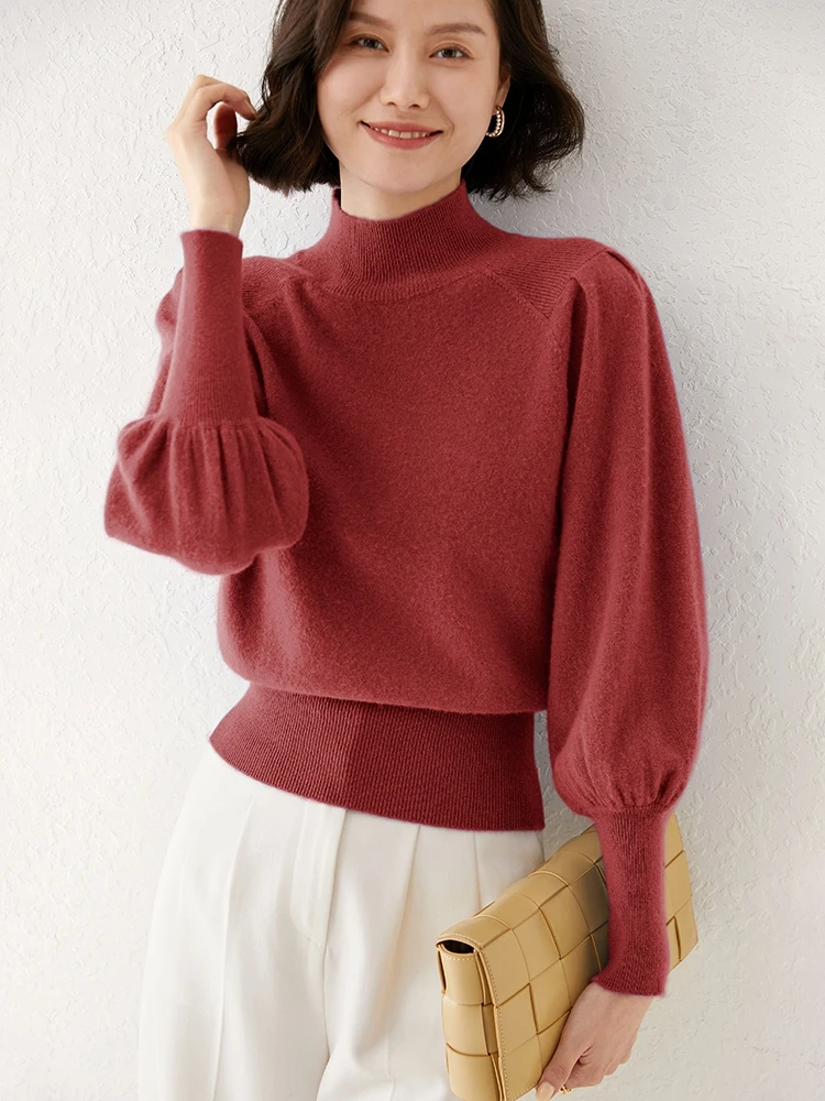 High Quality 100% Merino Wool Sweater Autumn Winter Women Mock Neck Solid Knitted Pullover Casual Puff Sleeve Cashmere Top