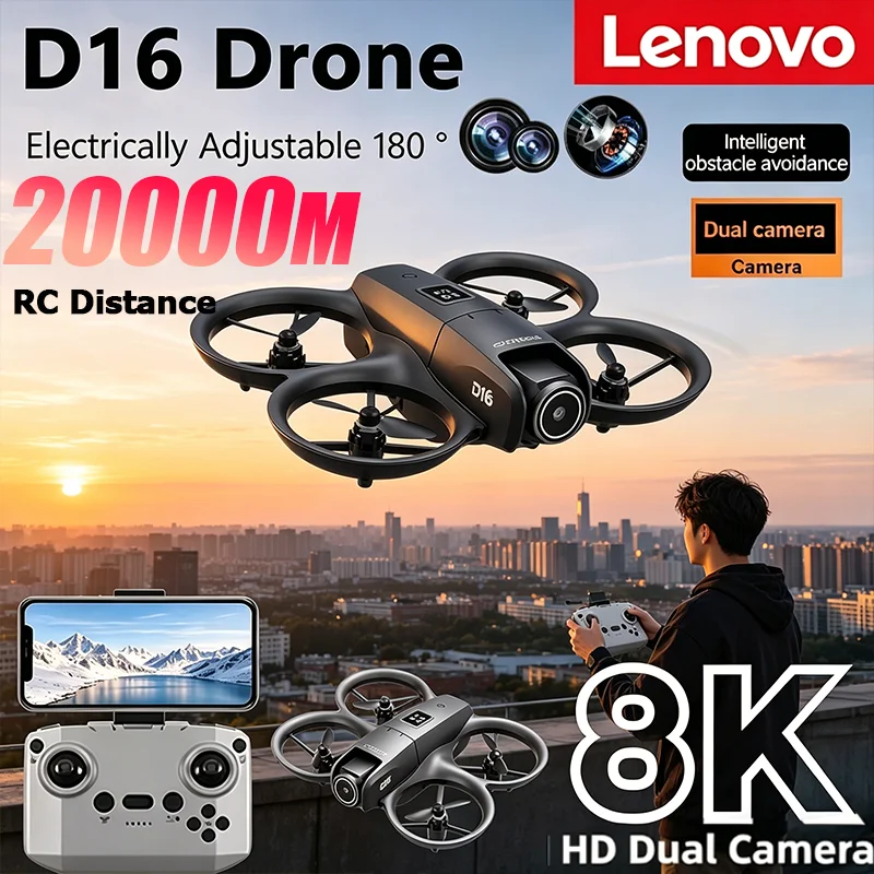 Lenovo 8K Drone D16 Mini GPS Professional Brushless Motor 180° Adjustable Dual HD Camera Obstacle Avoidance RC Quadcopter 20000m