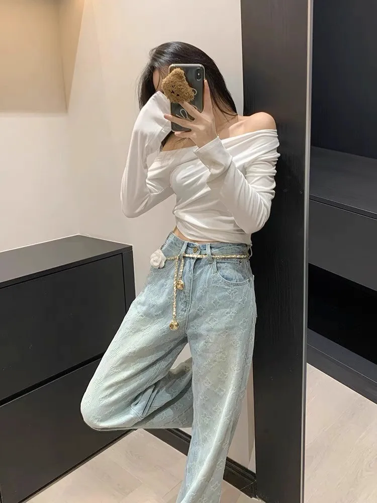 Faionable Jeans in denim ricamati a vita alta Design a gamba dritta da donna Sensation Estate 2025 New Sle Casual hine Emb...