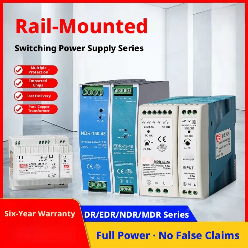 DIN Rail Mount Power Supply: 15W–480W, 12V/24V/48V Output, 1.25A–40A, 100–240V AC Input, Short Circuit & Overload Protected