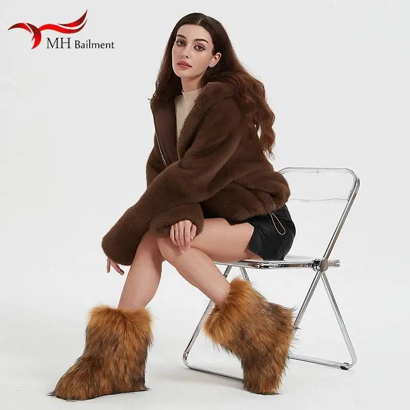 

Women's Winter Fluffy Faux Fox Fur Boots Luxury Plush Warm Snow Shoes New Fashion Platforms Bottes Big Size 36-44