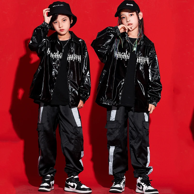 Hip Hop Dance Costumes Jazz Festival Clothes 2023 New Black Leather Jacket Cargo Pants Kpop Clothing For Girls Children