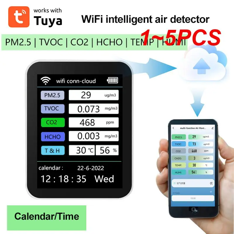 

1 ~ 5 шт. WiFi 7 в 1 умный монитор качества воздуха CO2 метр TVOC HCHO PM2.5 тестер цифровой датчик CO2 формальдегидный Газовый Детектор Tuya