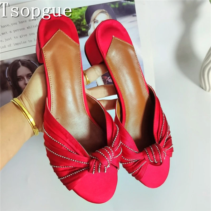 

Women's Red Royal Blue Satin Rhinestone Knot Mules, Elegant Open Toe Block Heel Slide Sandals Fashion Party Banquet Dress Shoes