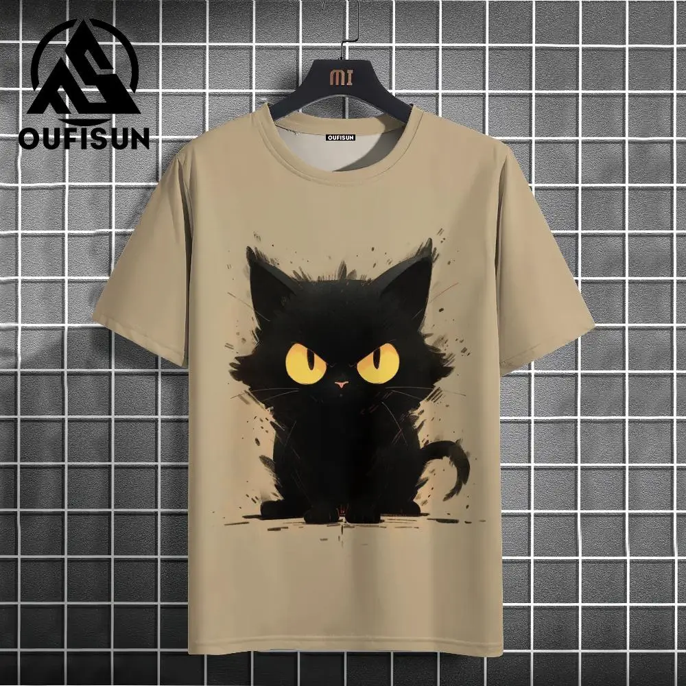 Funny Animal Black Cat Short Sleeve Tees Tops Casual T-Shirt For Men Oversized Streetwear Hip Hop Sweatshirt Men\'s Clothing Xl