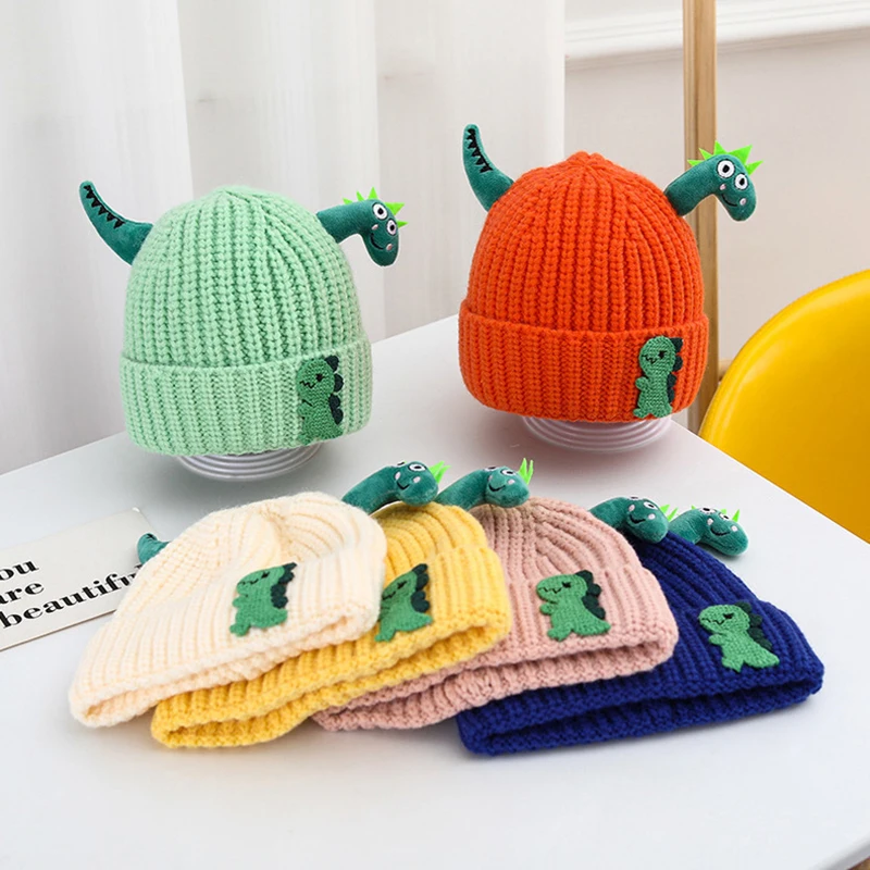 Cartoon Creative Dinosaur Kids Hat Winter Warm Beanie Cap For Boy Girl Cute Solid Color Toddler Ear Protection Caps Gifts