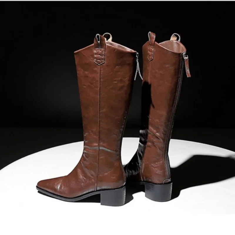 Women's Black Leather Knee High Boots Chic Pointed Toe Back Zip Wrinkles Boots Simple Style High Barrel Women Adding Plush Boots