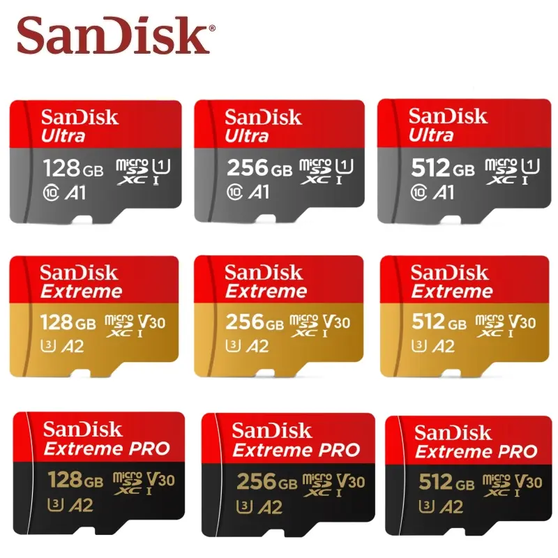 100% Original SanDisk Micro SD Card A1 A2 Memory Card 32GB 64GB 128GB 256GB 512GB 1TB microSD TF Card Storage UHS-I Cards U1 U3