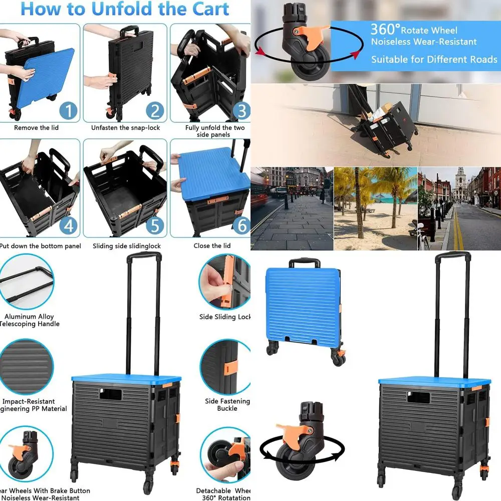 

Складная универсальная тележка с телескопической ручкой и 4-колесным колесом для покупок, путешествий и офисного использования (черный + синий)