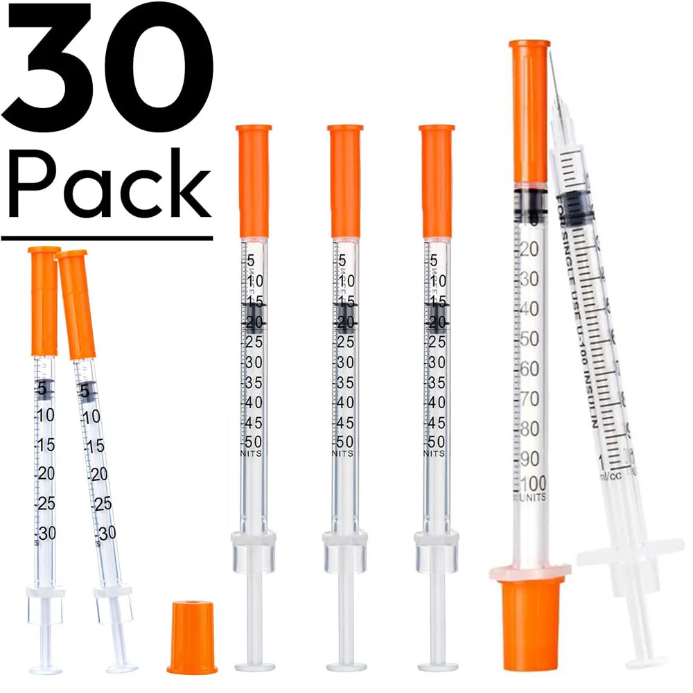 30Pcs 0.3ml 0.5ml 1ml Disposable Insulin Syringe, Individually Wrapped for Animal Veterinary Lab Use