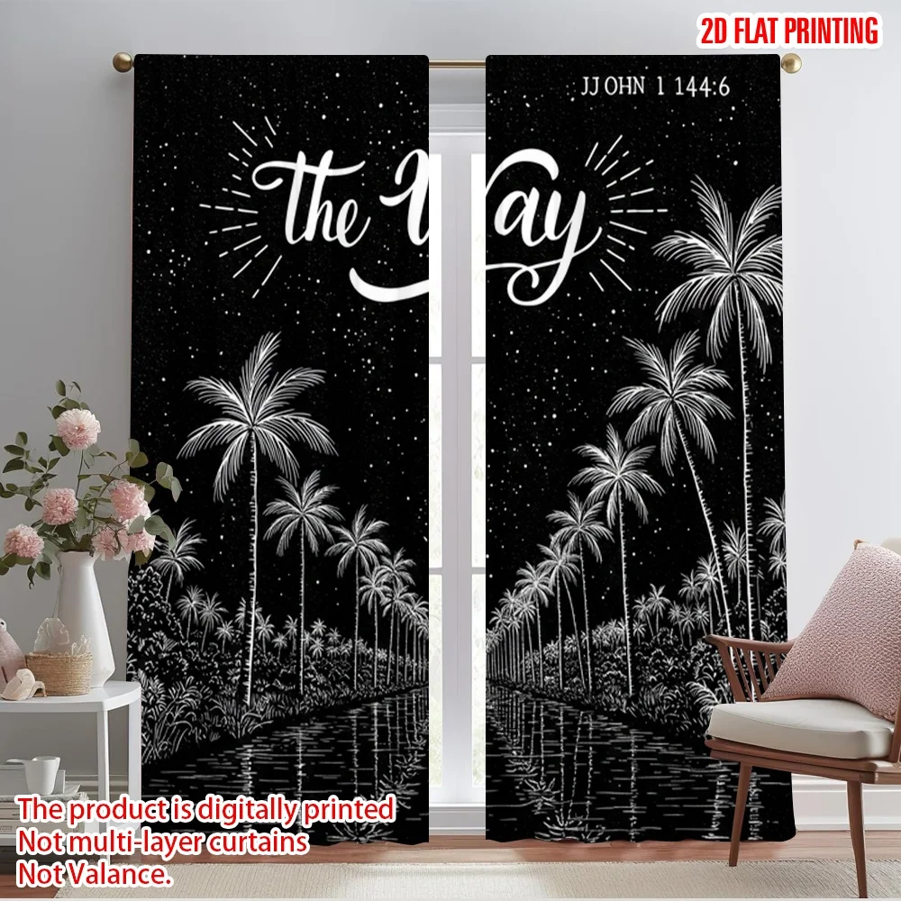 

2pcs 2D flat printing Curtains The Way Palm Trees Journey Polyester Without Electricity Party Decorations Use for Indoor