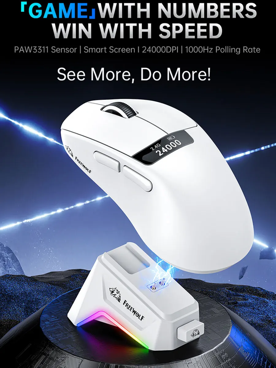 

FREEWOLF A7 Lightweight Gaming Mouse with Tri-mode Switching,RGB Lighting,Magnetic Charging,and Suitable for Multiple Scenari