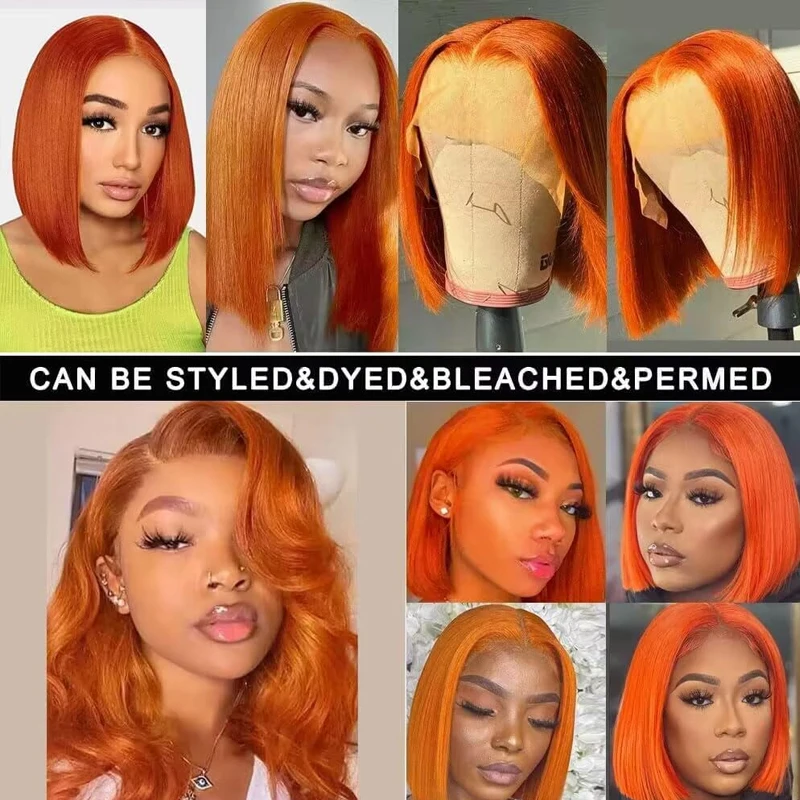 13x4 Ginger Orange HD Lace Front Human Hair Wigs Highlight Colored Short Bob Wig Straight Lace Frontal Wig