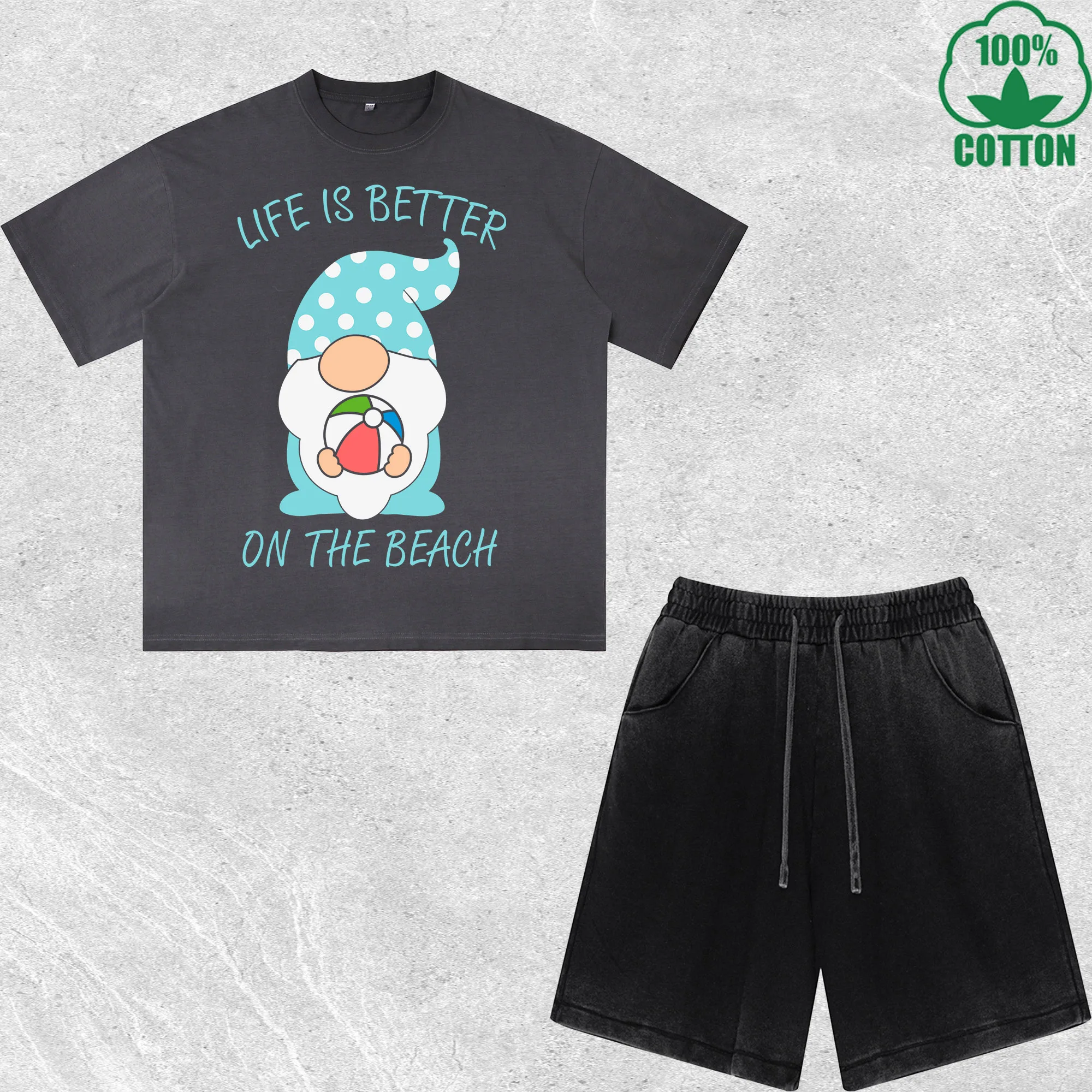 

Life Is Better on the Beach Printed Dirty Wash T-Shirt Shorts Set Multicolor Combo Loose Trendy Fashionable 100%Cotton