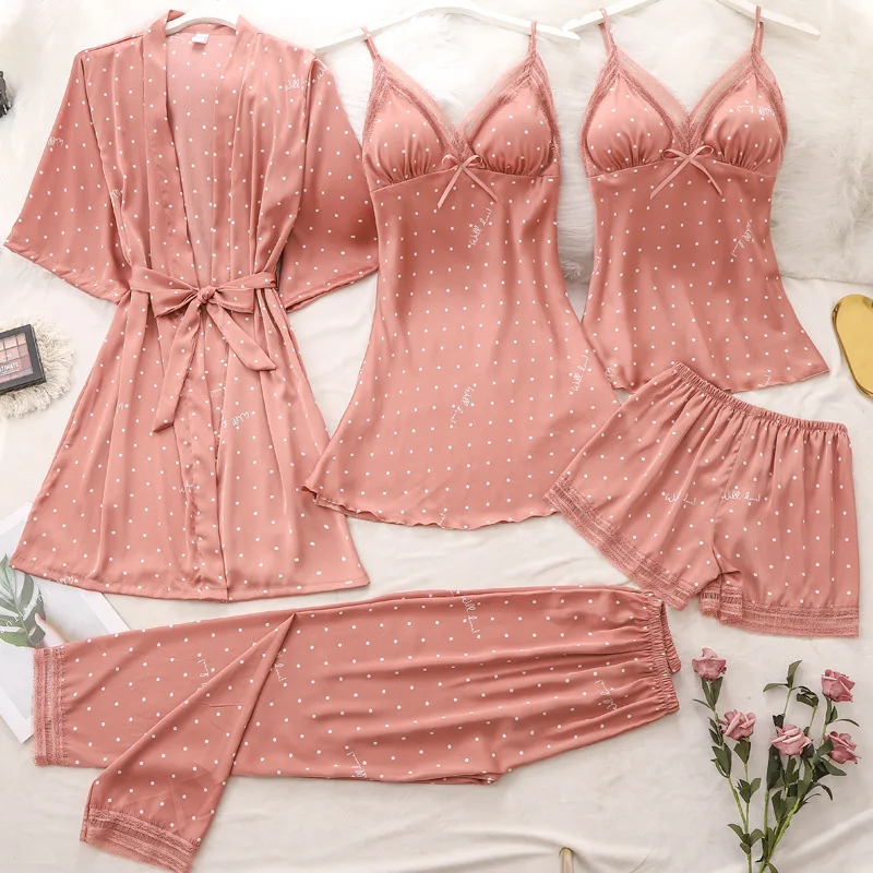 Silk Spring Autumn Sleepwear Women Sexy Five Piece Set Ice Silk Strap Chest Pad Silk Sexy Strap Robe Home Clothes