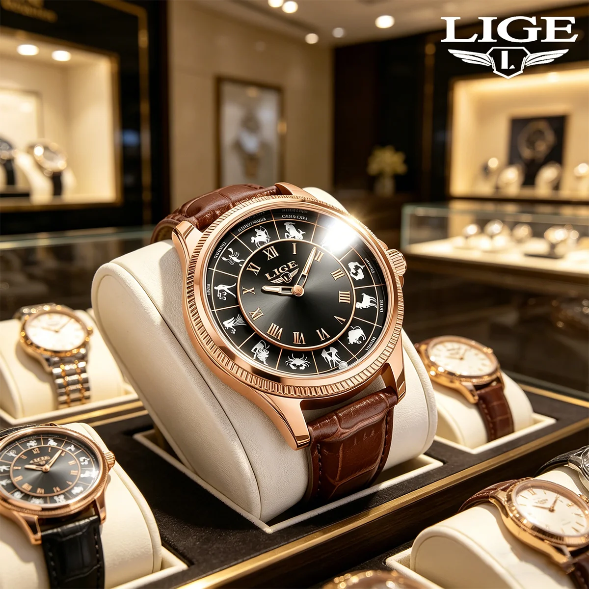 

LIGE New Men's Watch Luxury Constellation Dial Design Leather Creative Casual Life Waterproof Quartz Watches for Men Gifts+Box