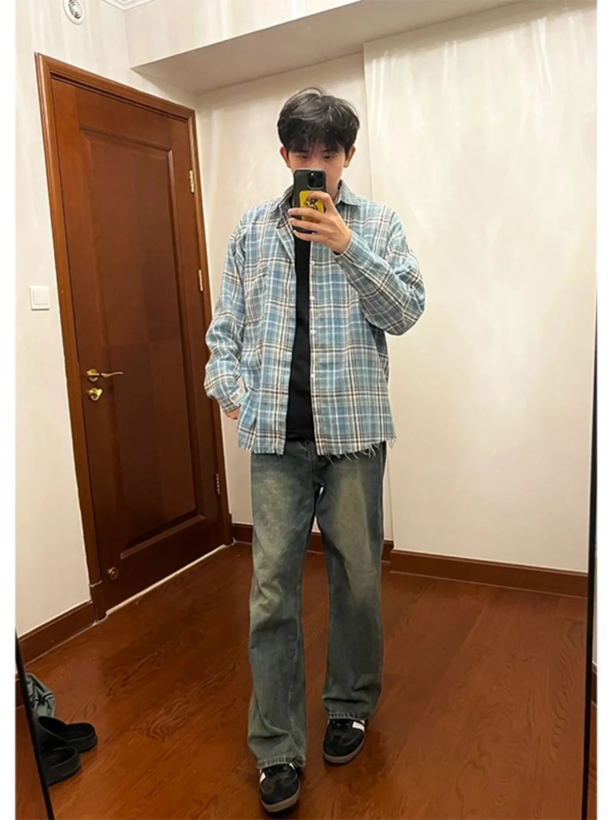 Trendy Plaid Long Sleeve Shirt Men's Youth Casual Handsome American High Street Style Spring Fashion Outerwear Jacket