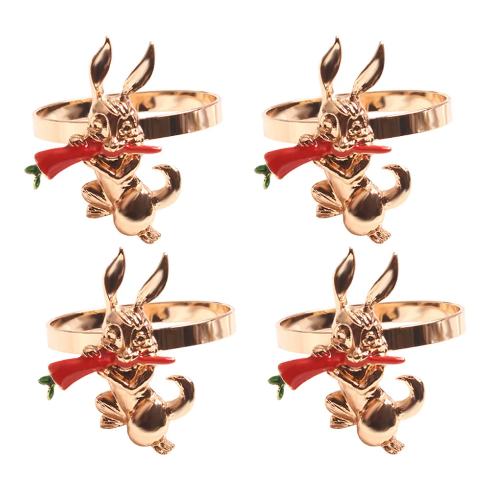 

4 pcs Napkin Rings Stainless Steel Bunny Buckles Rabbit Ears Carrot Holiday Decor Serviette Rings for Home Wedding Party