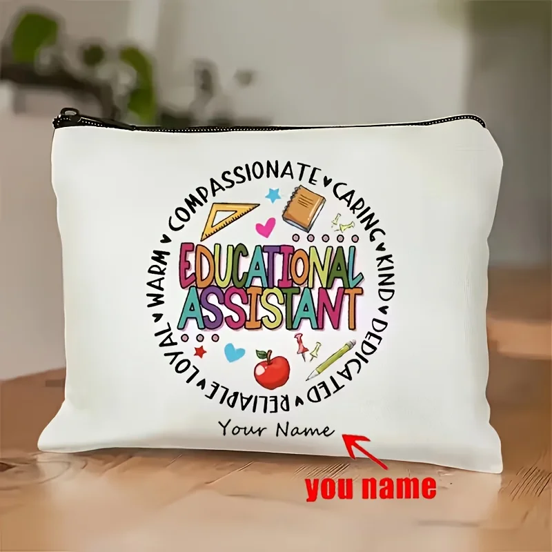 Trousse de maquillage personnalisée avec un nom, conçue pour les professionnels de l'éducation : la phrase « Je suis une assistante professeur compréhensive, attentionnée et engagée »