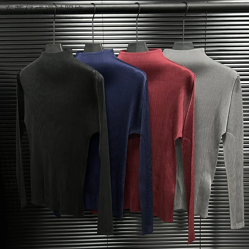 

Miyake Pleated 2025 Autumn and Winter Pleated Clothes, Small Toothpick Stand Up Collar, Glossy Long Sleeved Top, Women's Base