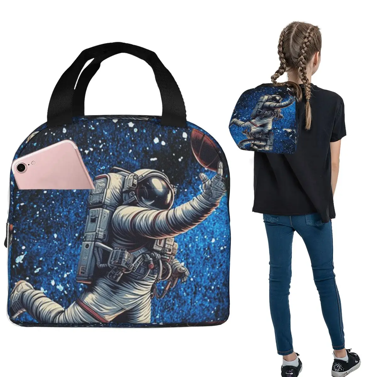 Astronaut Playing Basketball In Space Insulated Lunch Bag for Women Kids Leakproof Food Boxes Thermal Lunch Box Tote