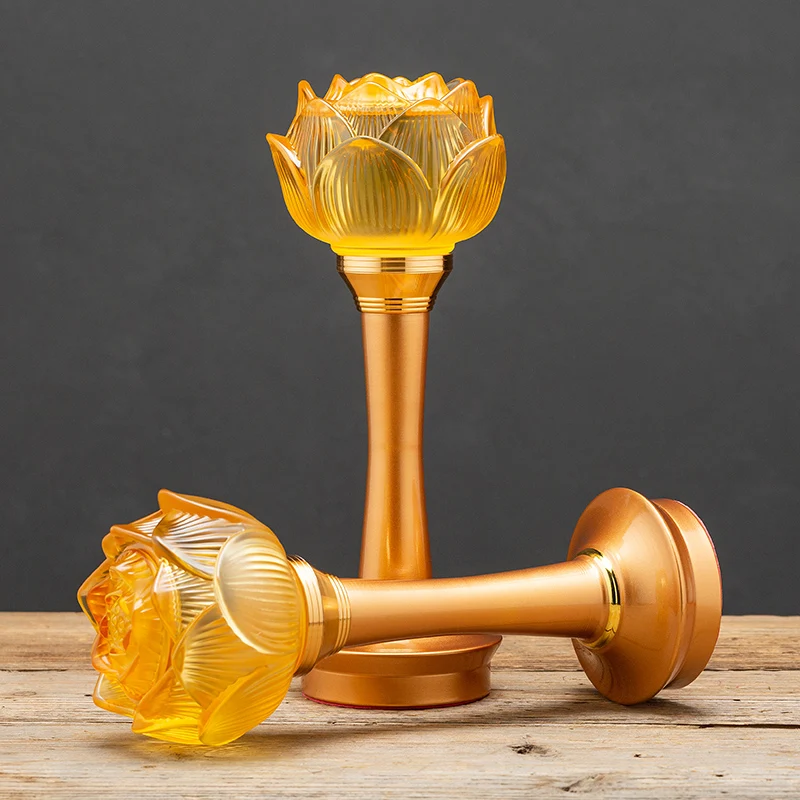 A PAIR 27CM high grade Buddhism HOME Temple shrine enshrine worship bless safety healthy good luck Lotus crystal buddha lamp