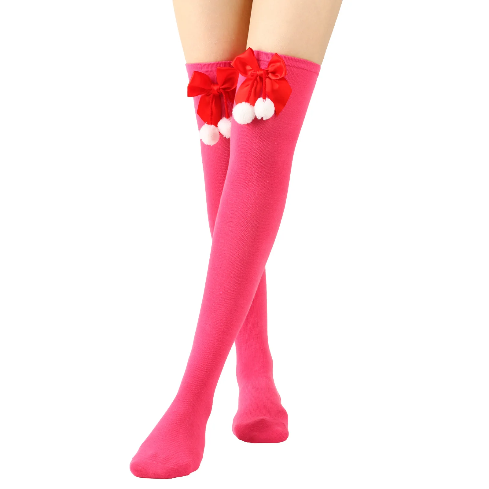 New Thigh Socks Women Bow Thickened Christmas Socks Knee Socks Ball Socks Long Barrel Christmas Holiday Solid Color