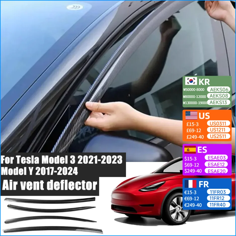 

Air vent deflector for Tesla Model 3 2021-2023 Y 2017-2024 Side window deflector Rain cover Window visor for Tesla car accessory