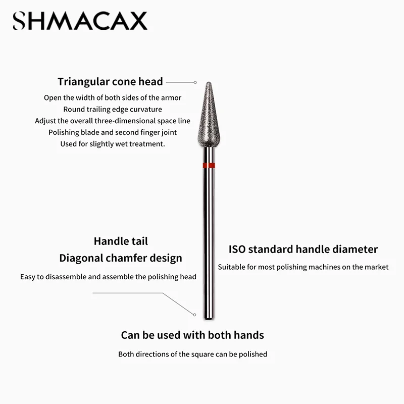 หัวเจียรเล็บสว่านทำเล็บไฟฟ้าสำหรับกัดหนังกำพร้าแบบหมุนด้วยเพชรรูปทรงสามเหลี่ยมทรงกรวยอุปกรณ์ทำสีเล็บอุปกรณ์เล็บ