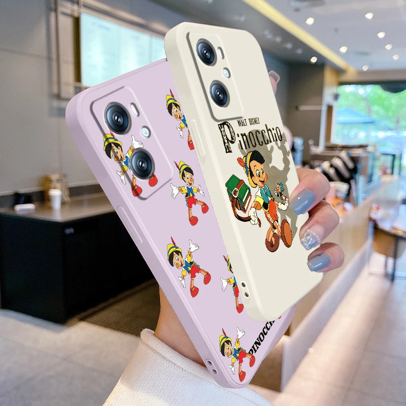 Disney Pinocchio Cute Liquid Rope For OPPO Find X6 X5 X3 A98 A96 A94 A93 A77 A76 A74 A72 A57 A53 A16 5G TPU Phone Case