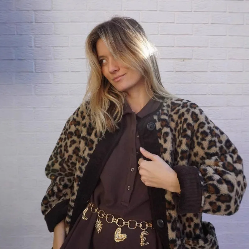 Mulheres leopardo impresso casacos em torno do pescoço único breasted outerwear outono inverno feminino bolsos manga longa topos senhora cardigan