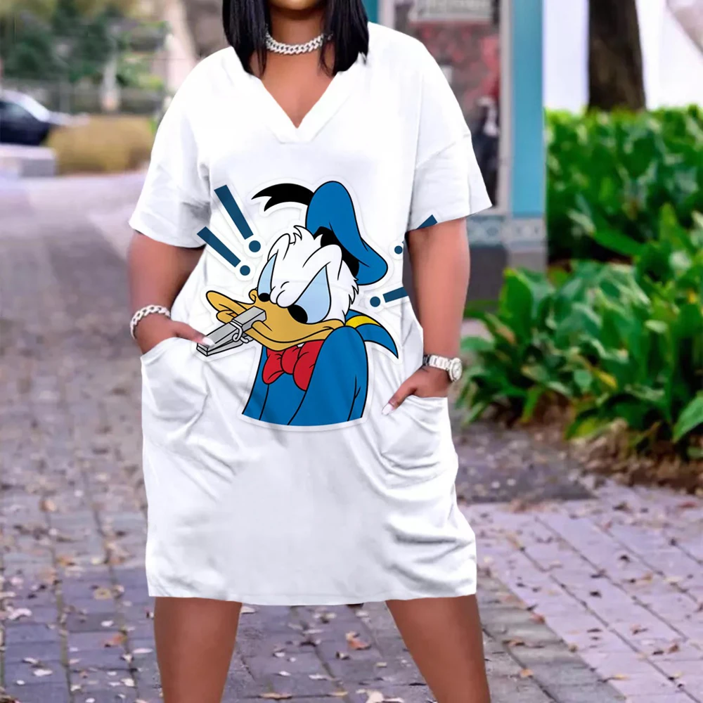 Disney Donald Duck Women\'s Fashion Print Dress Mid Length Boho Beach Dress Pocket Short Sleeve Dress Elegant Sundress Nightdress