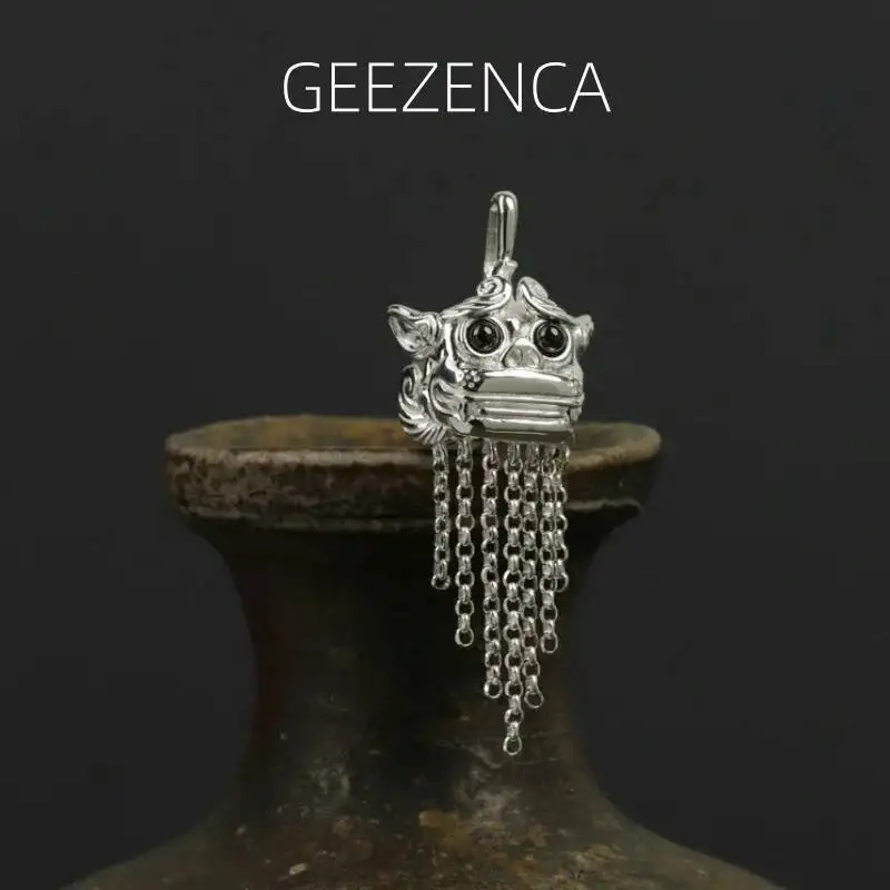 

GEEZENCA 925 Silver 3D Auspicious Beast Long Tassels Pendant For Women Ethnic Unique Chic Necklace Pendants Without Chain Gift