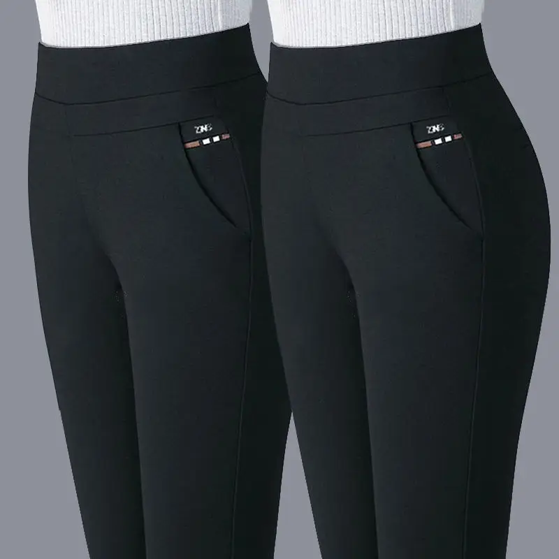 Women Elastic High Waist Striped Straight Pants Thick Elastic Slim Casual Trousers For Middle Aged Ladies