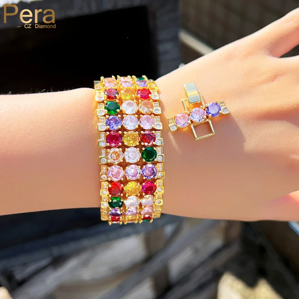 

Pera Luxurious Rainbow Cubic Zirconia Bridal Wedding Big Wide Dubai Gold Color Bangles Bracelets Party Jewelry for Women B255