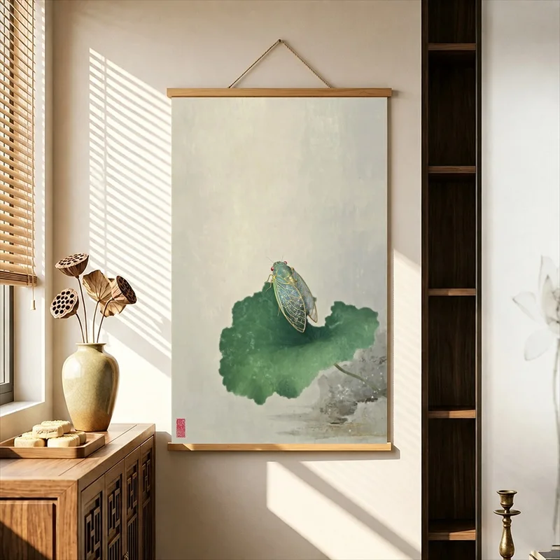 Lotus Leaves and Cicada Canvas Wall Art Hanging Scroll Minimalist Zen Botanical Print with Wooden Rods for Living Room