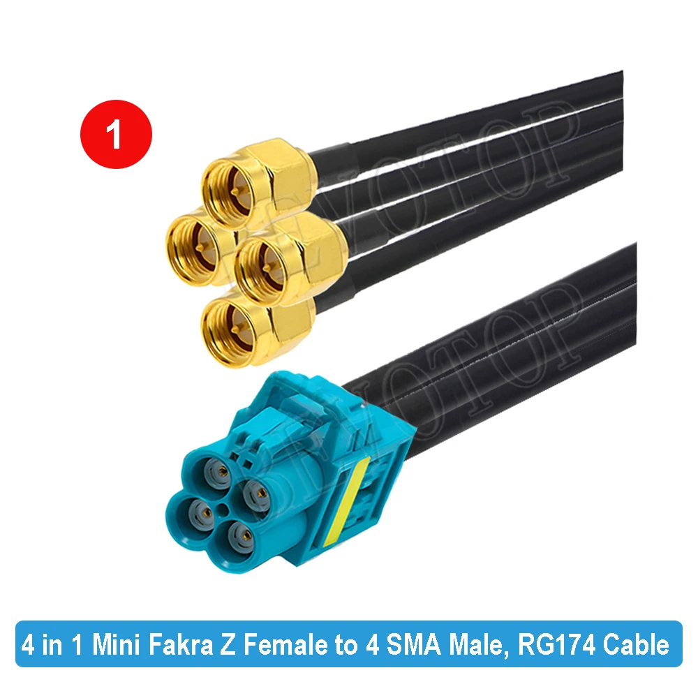 1PCS Rosenberger Replacement 4-in-1 Mini FAKRA to 4 SMA Male/Female connector RG174 coaxial cable 50 Ohm High Quality BEVOTOP